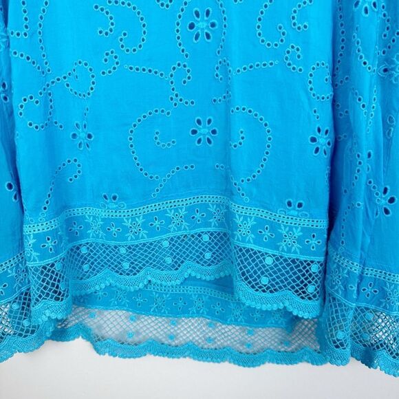 JOHNNY WAS | Bright Turquoise Blue Lasercut Embroidered Top Women’s Size Small - Picture 5 of 8